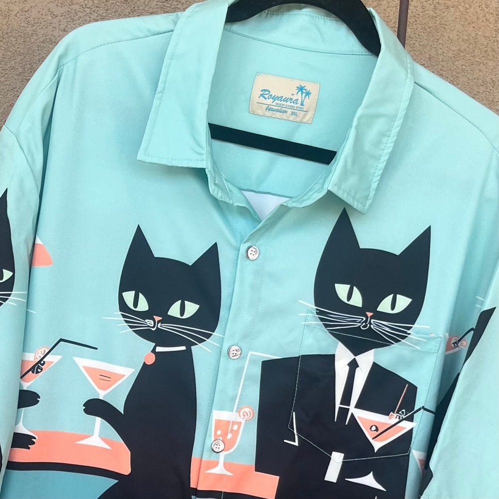 Royaura Mens 3XL Hawaiian Shirt Mid-Century Modern Cat Novelty Cruise Blue Party